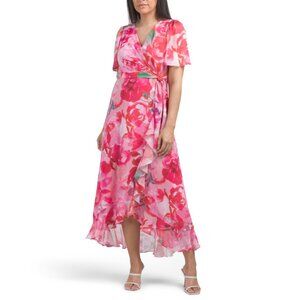 LONDON TIMES Ivory Fuschia Flutter Sleeve Side Tie Ruffle Wrap Style Dress